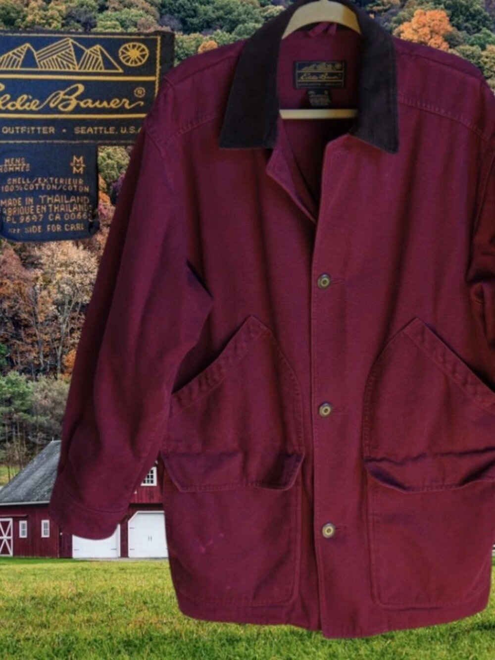 Vintage Eddie Bauer Chore Jacket Mens MED Red Canvas Barn Coat Corduroy Collar